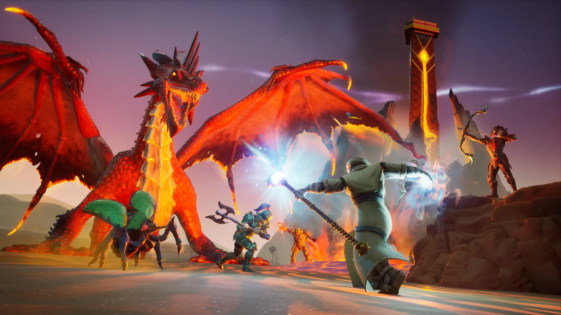 A mage, an archer and an axe fighter battle a red dragon in RuneScape: Dragonwilds