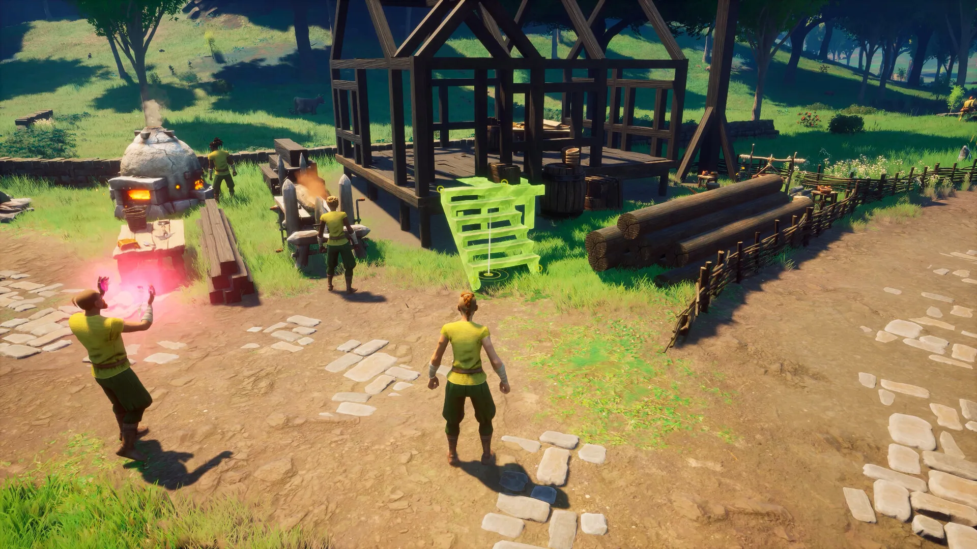 A walled base yard in RuneScape: Dragonwilds with timber buildings behind a palisade at dusk