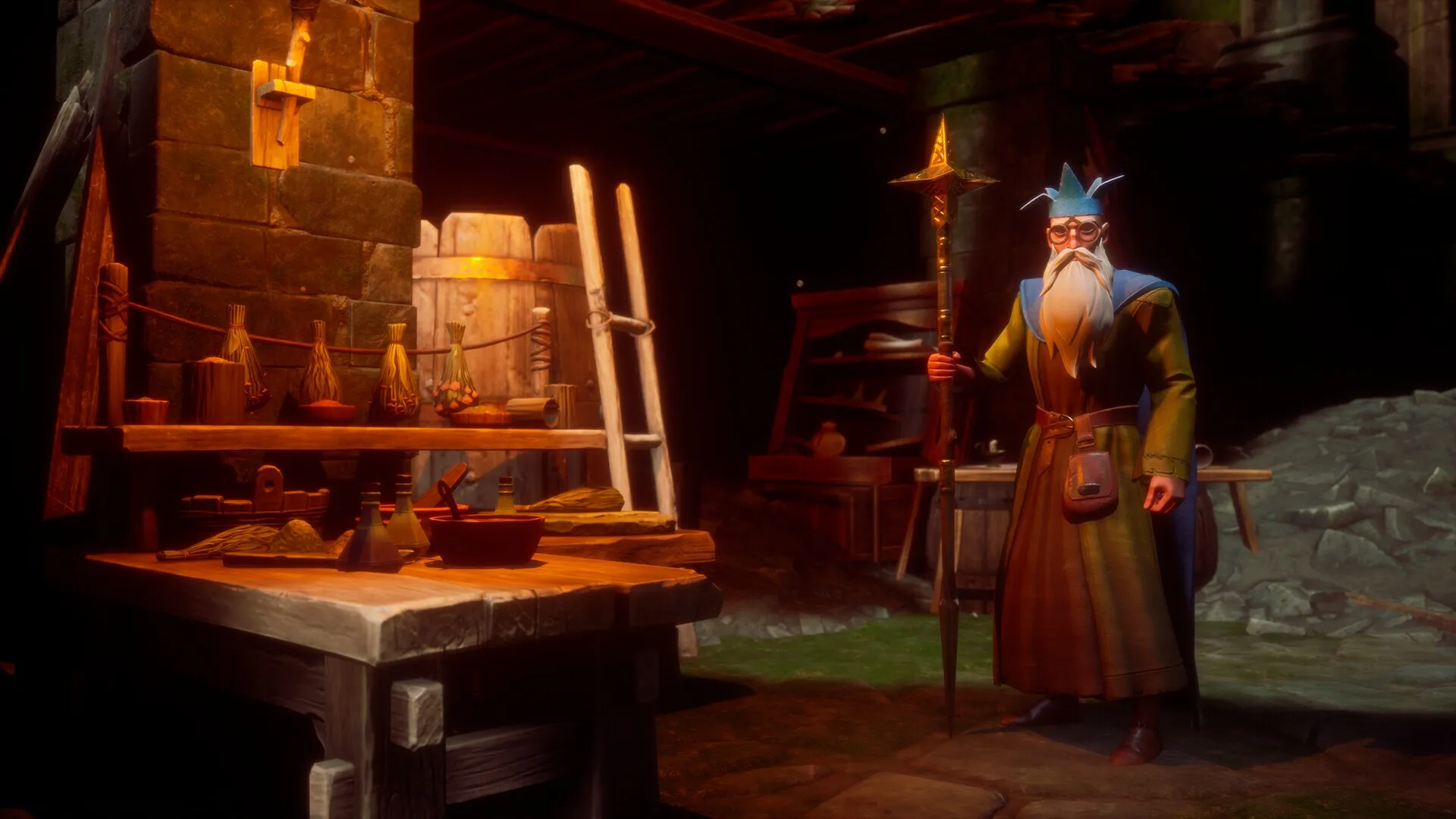 A torchlit workshop interior with an anvil and clay pots in RuneScape: Dragonwilds