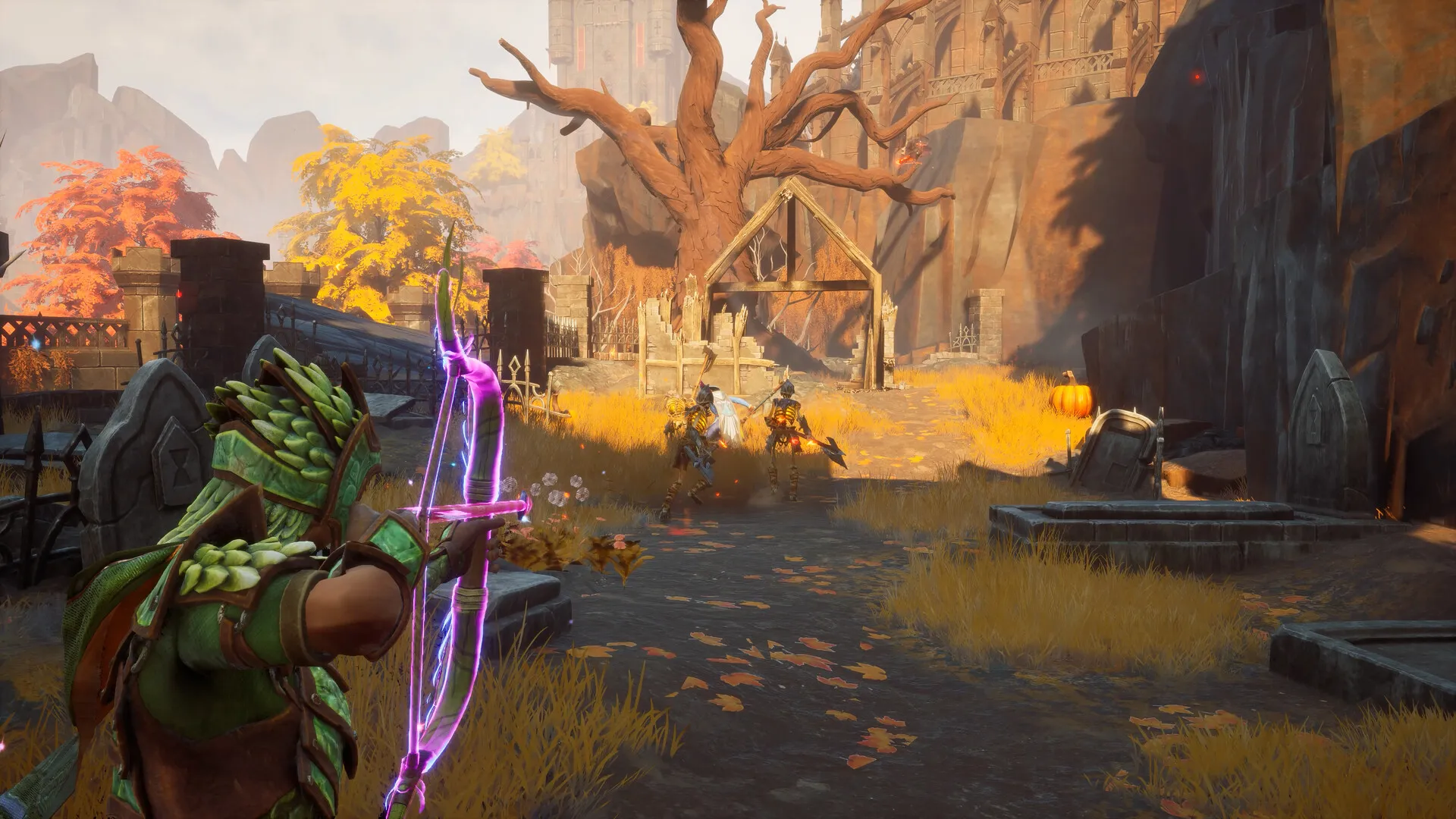 A green-clad archer draws a glowing bow in RuneScape: Dragonwilds, ruined stonework behind her