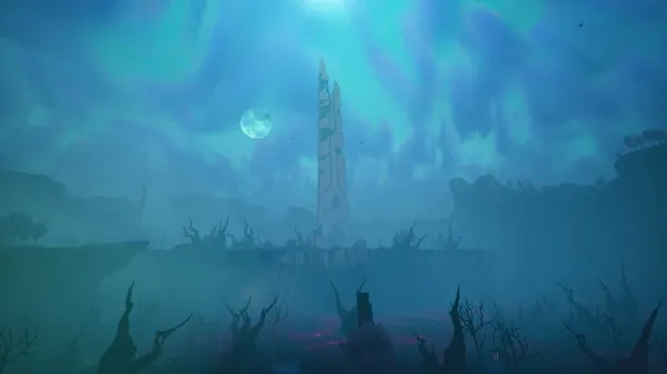 A pale spire rising above blue mist and bare trees in a promotional shot for RuneScape: Dragonwilds