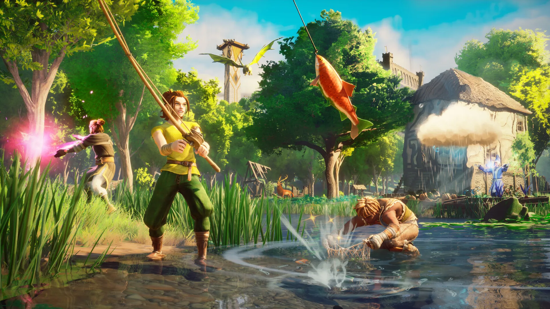 Angler netting fish in shallow water outside a village in RuneScape: Dragonwilds