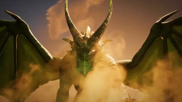 A green dragon with wings spread wide rising through a cloud of dust and smoke in RuneScape: Dragonwilds