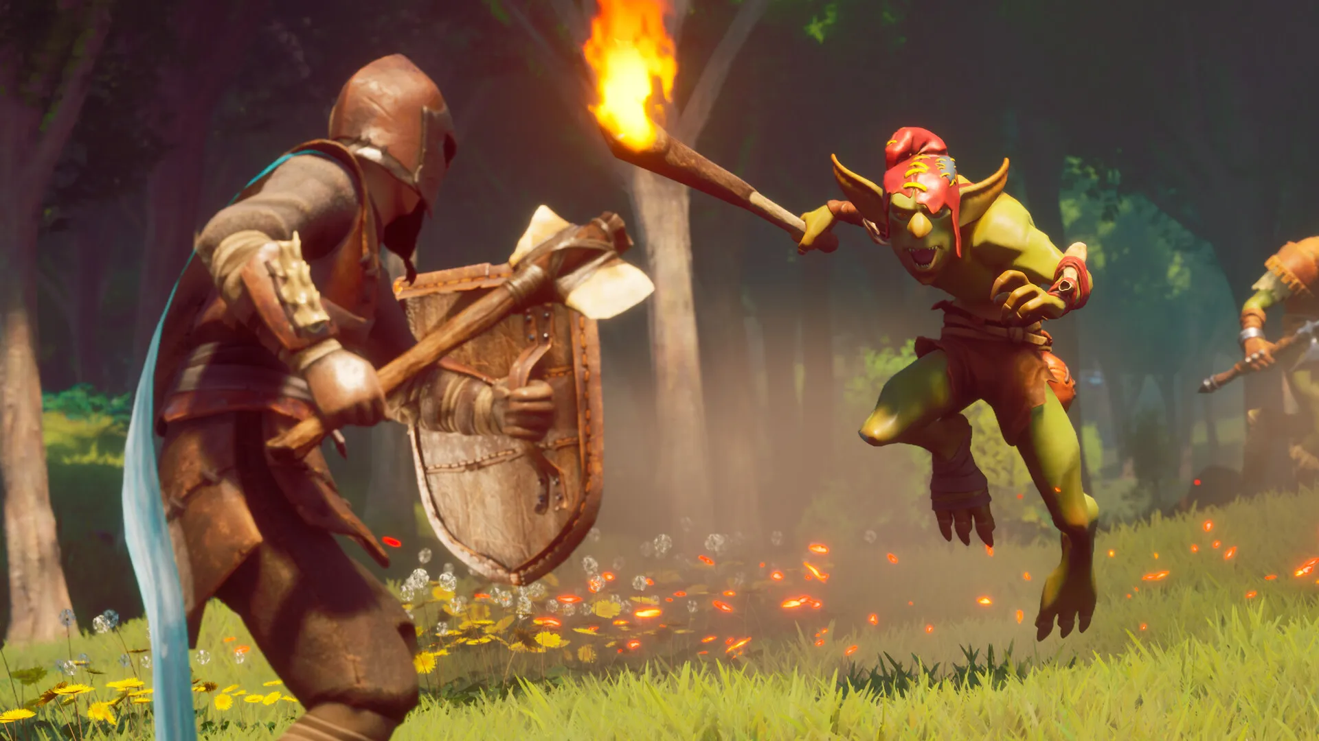 A spellcaster trading blows with a shield-bearing swordsman in a sunlit woodland clearing in RuneScape: Dragonwilds
