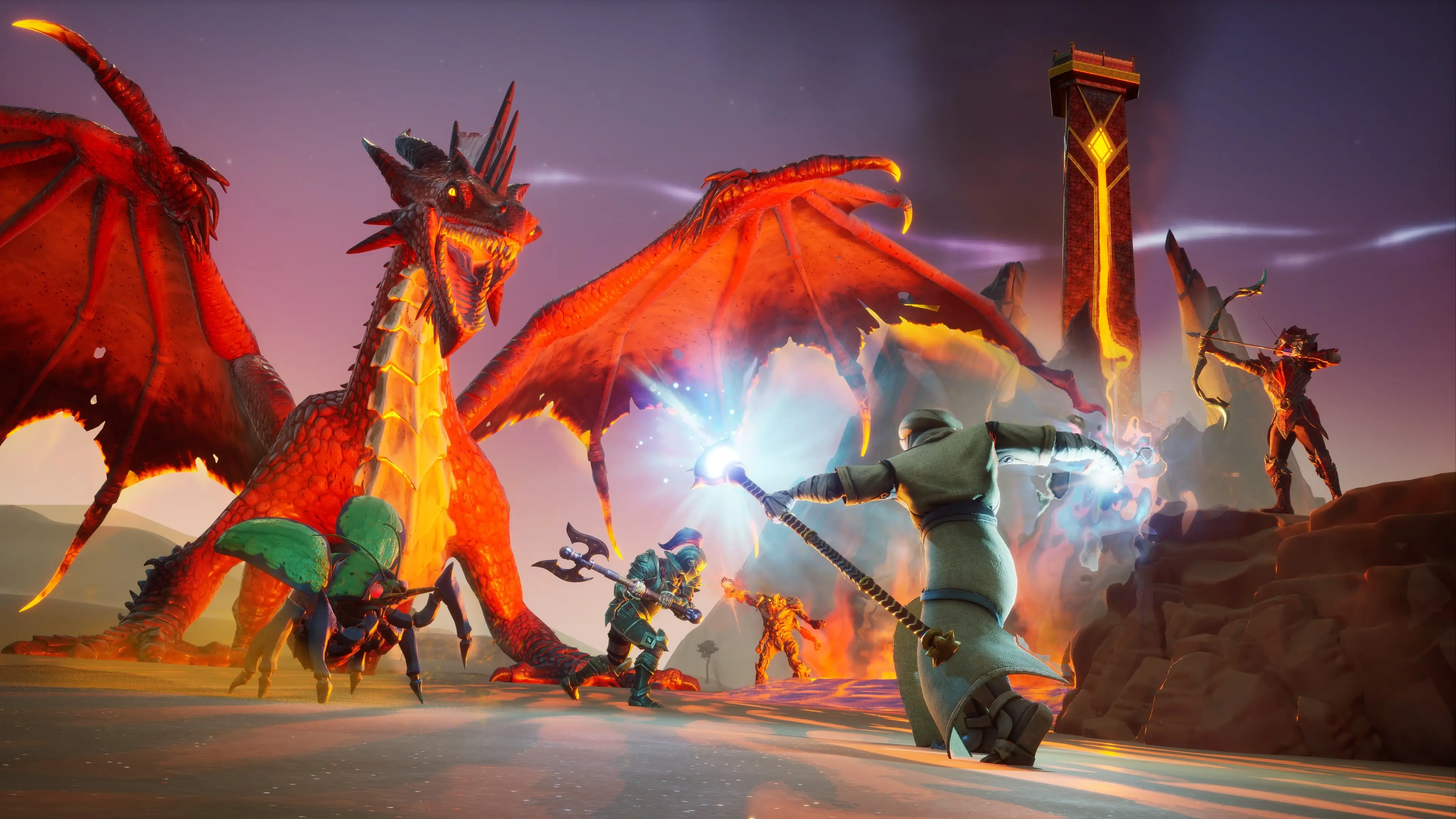 Four players fighting back against two red dragons in RuneScape: Dragonwilds.