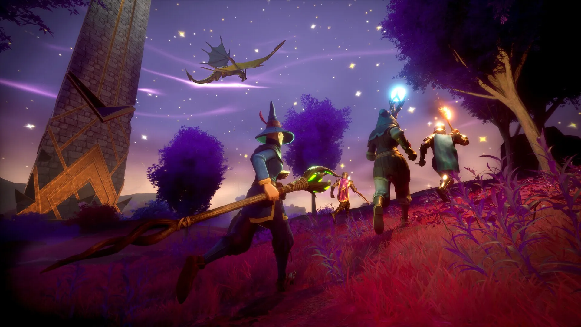 A torch-lit ridge above a river valley in RuneScape: Dragonwilds at night