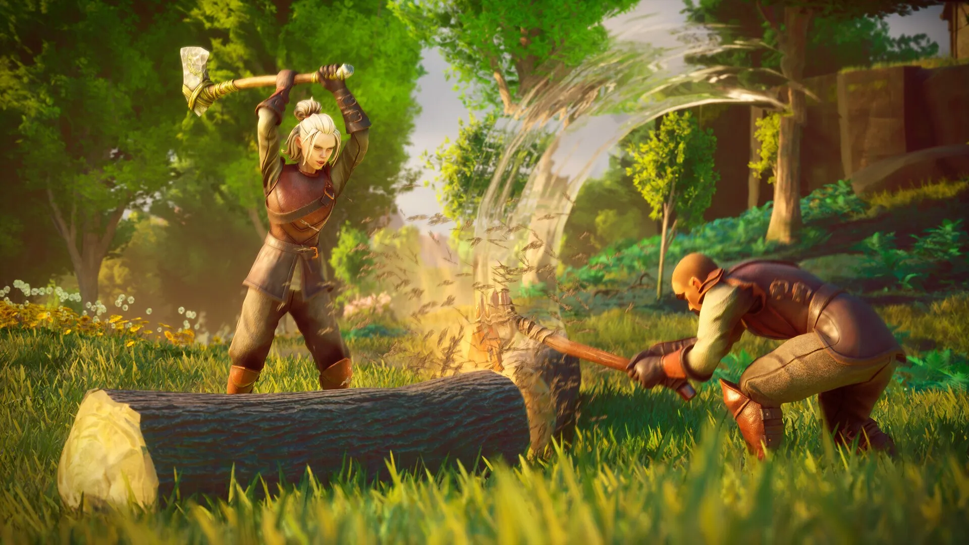 Three adventurers felling and hauling timber in a forest clearing in RuneScape: Dragonwilds