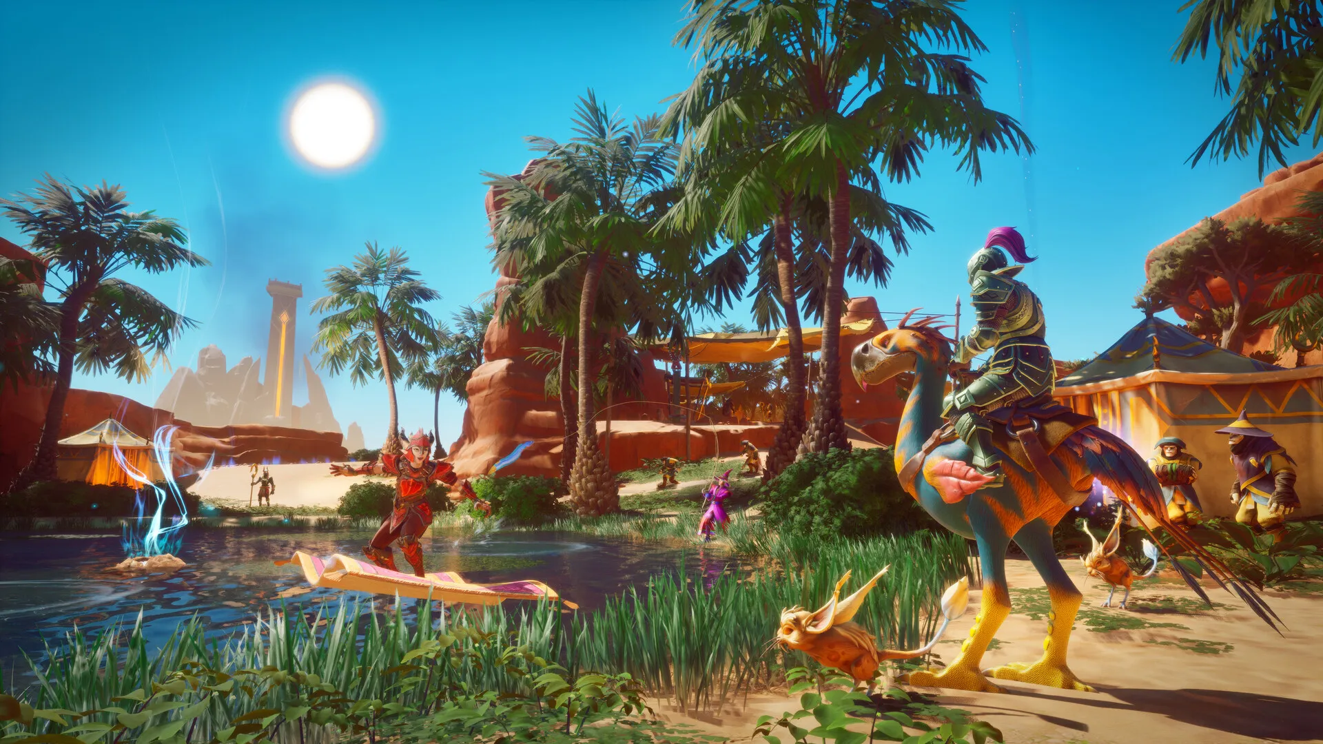 A rider on a terrorbird mount crossing a desert oasis with palm trees in RuneScape: Dragonwilds