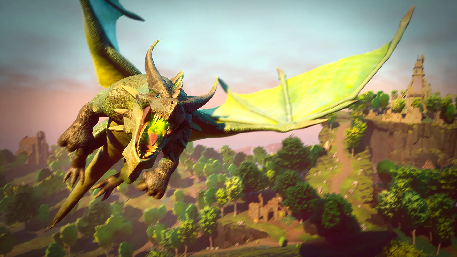 A dragon gliding over a sunlit forested valley in RuneScape: Dragonwilds
