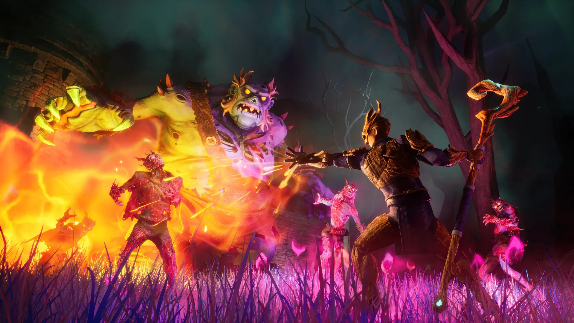 Two spellcasters trading magic fire beside a shielded sword-bearer in RuneScape: Dragonwilds