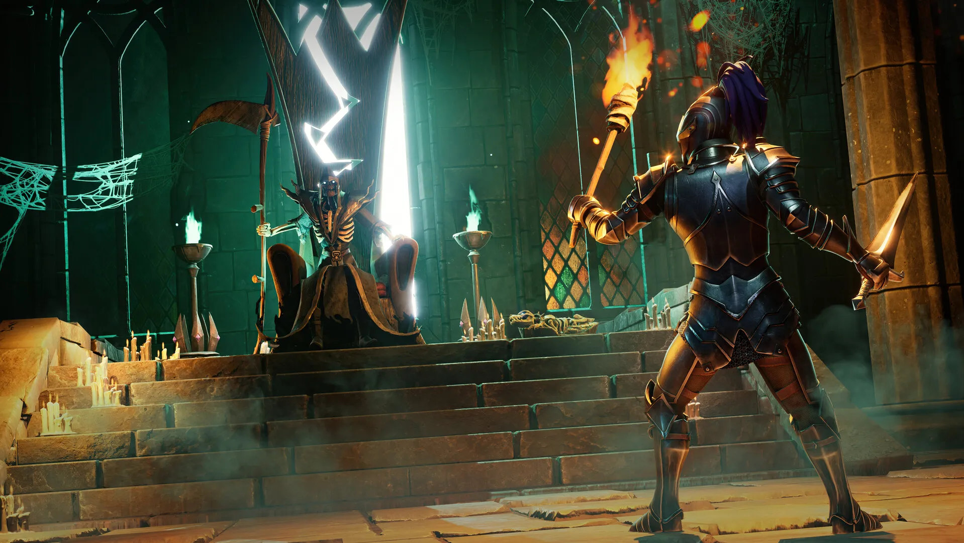 A torch-bearing adventurer climbing stone steps toward a candle-lit altar inside a ruined temple in RuneScape: Dragonwilds