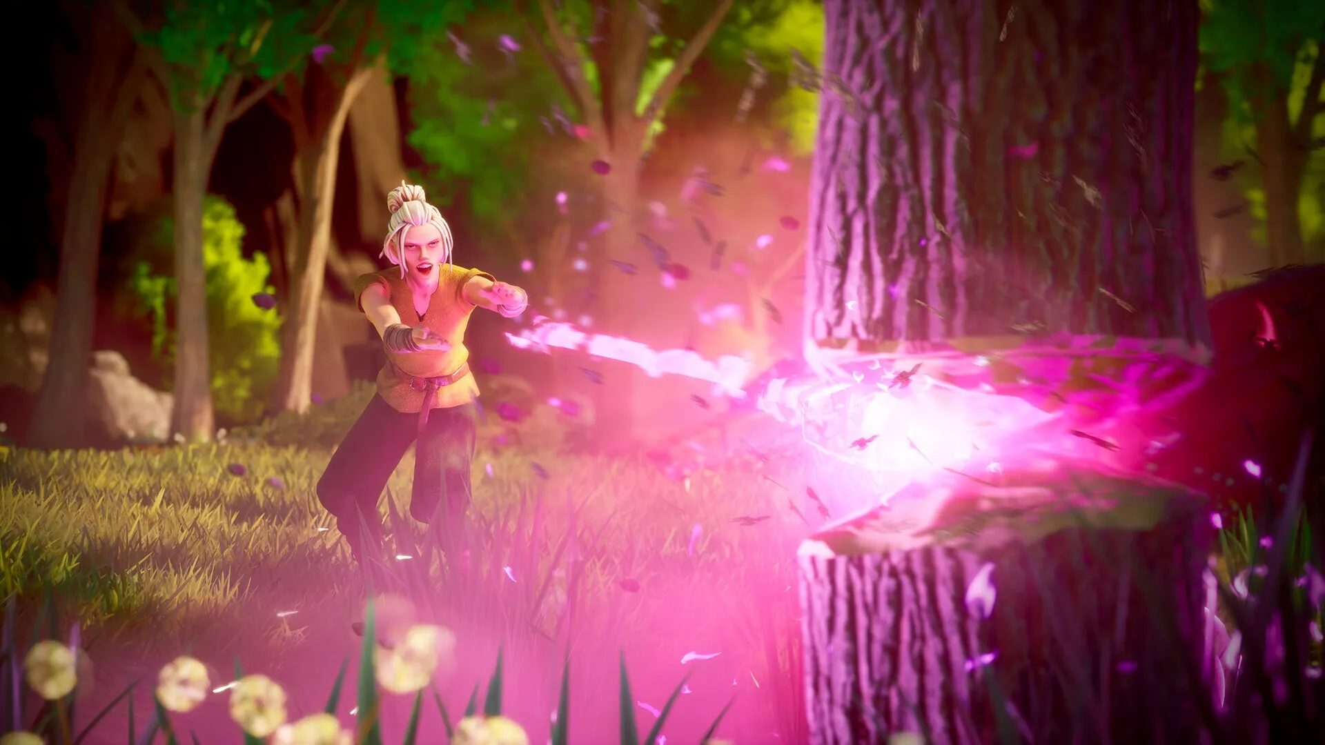 A mage in RuneScape: Dragonwilds casting a pink spell that splinters a tree trunk
