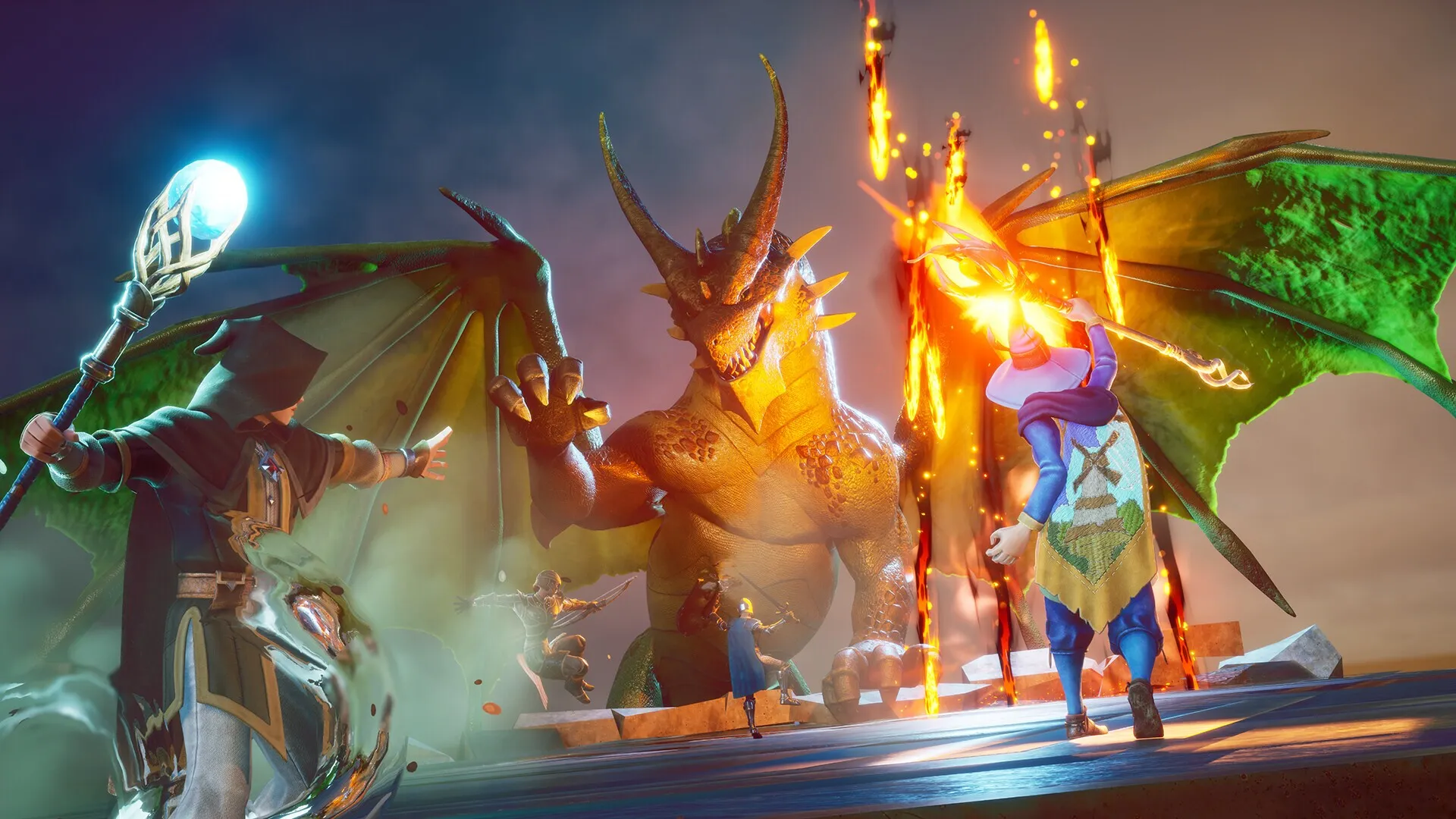 Four-player party fighting a winged dragon beside water in RuneScape: Dragonwilds