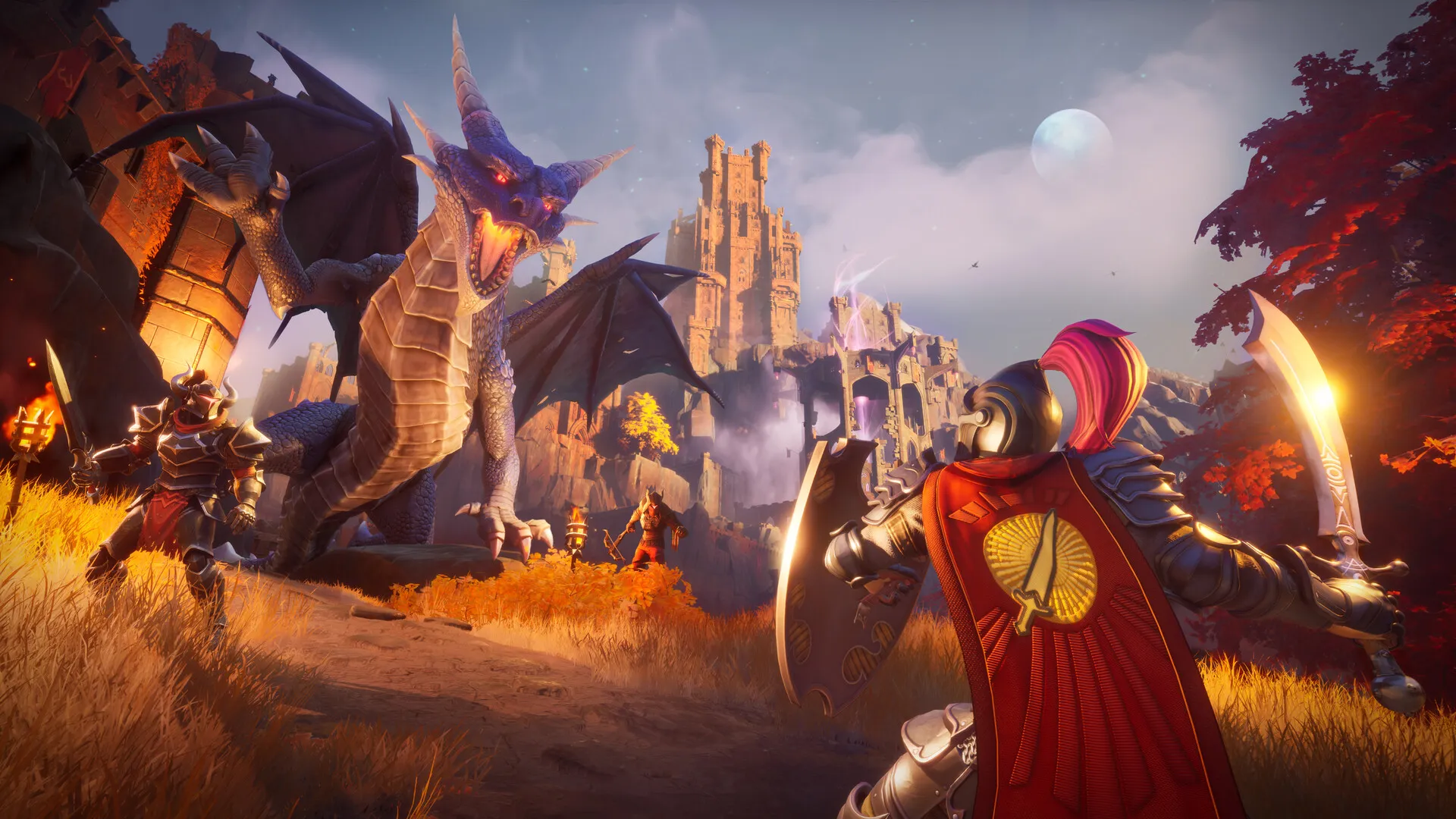 A shielded warrior in RuneScape: Dragonwilds faces a rearing red dragon beside broken stone walls