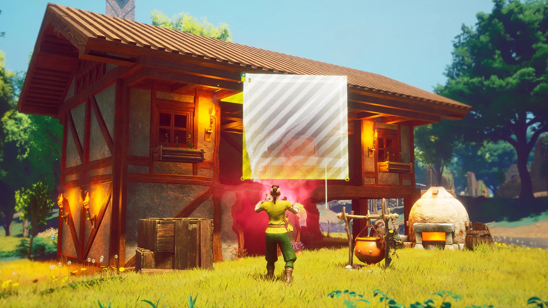 A timber lodge base in RuneScape: Dragonwilds, framed by pines on a forested hillside
